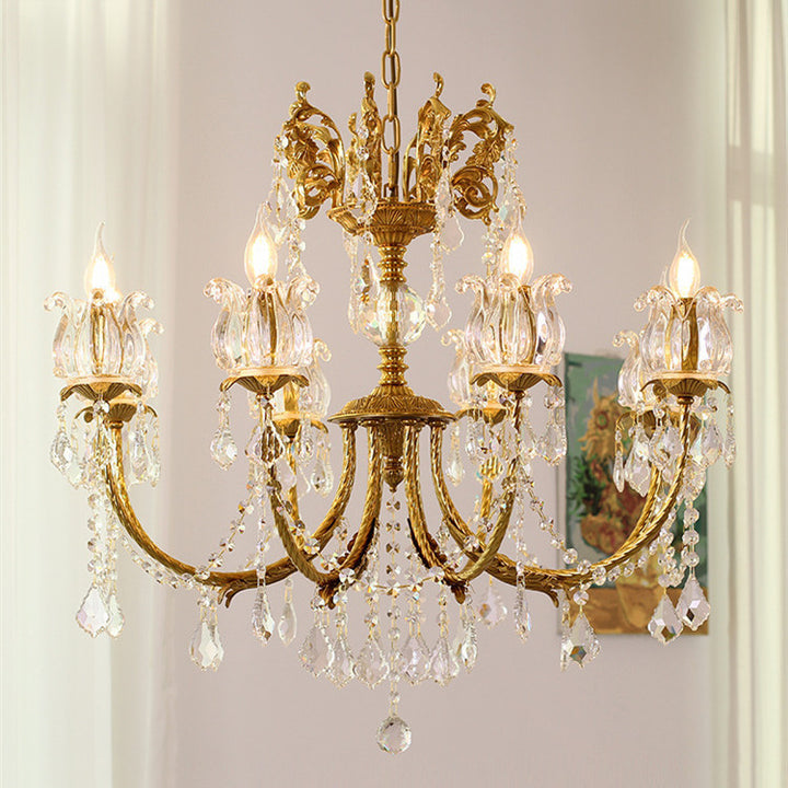 Traditional French Branch Curved Copper Crystal 6/8 Light Chandelier For Living Room