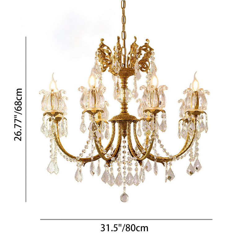 Traditional French Branch Curved Copper Crystal 6/8 Light Chandelier For Living Room