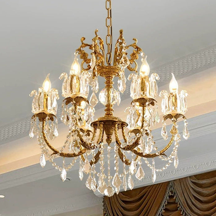 Traditional French Branch Curved Copper Crystal 6/8 Light Chandelier For Living Room