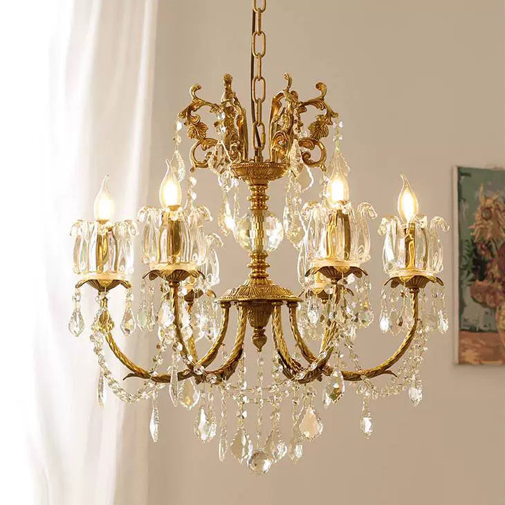 Traditional French Branch Curved Copper Crystal 6/8 Light Chandelier For Living Room