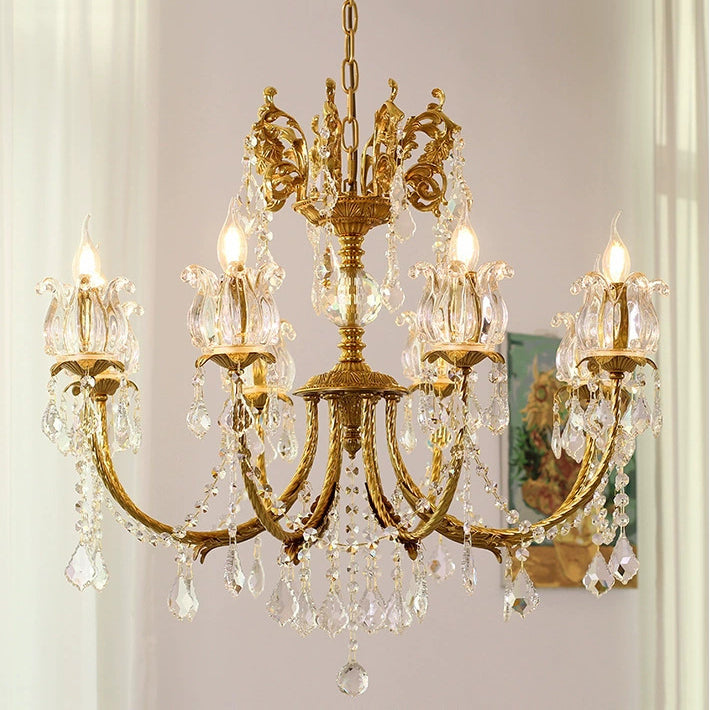 Traditional French Branch Curved Copper Crystal 6/8 Light Chandelier For Living Room