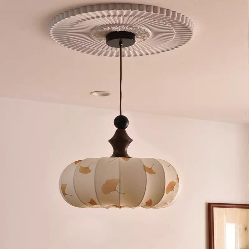 Contemporary Creative Ginkgo Leaf Pumpkin Shape Oval Ash Wood Fabric 3-Light Pendant Light For Dining Room