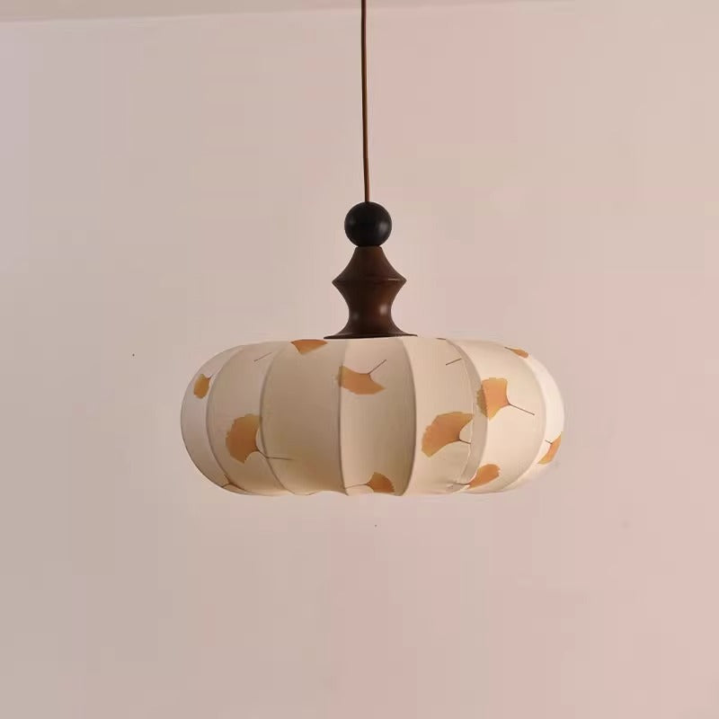 Contemporary Creative Ginkgo Leaf Pumpkin Shape Oval Ash Wood Fabric 3-Light Pendant Light For Dining Room