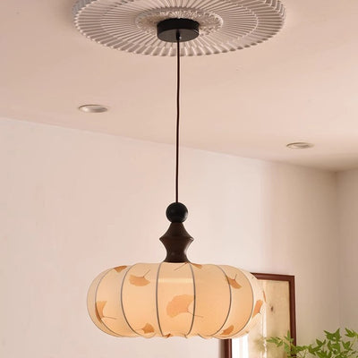 Contemporary Creative Ginkgo Leaf Pumpkin Shape Oval Ash Wood Fabric 3-Light Pendant Light For Dining Room
