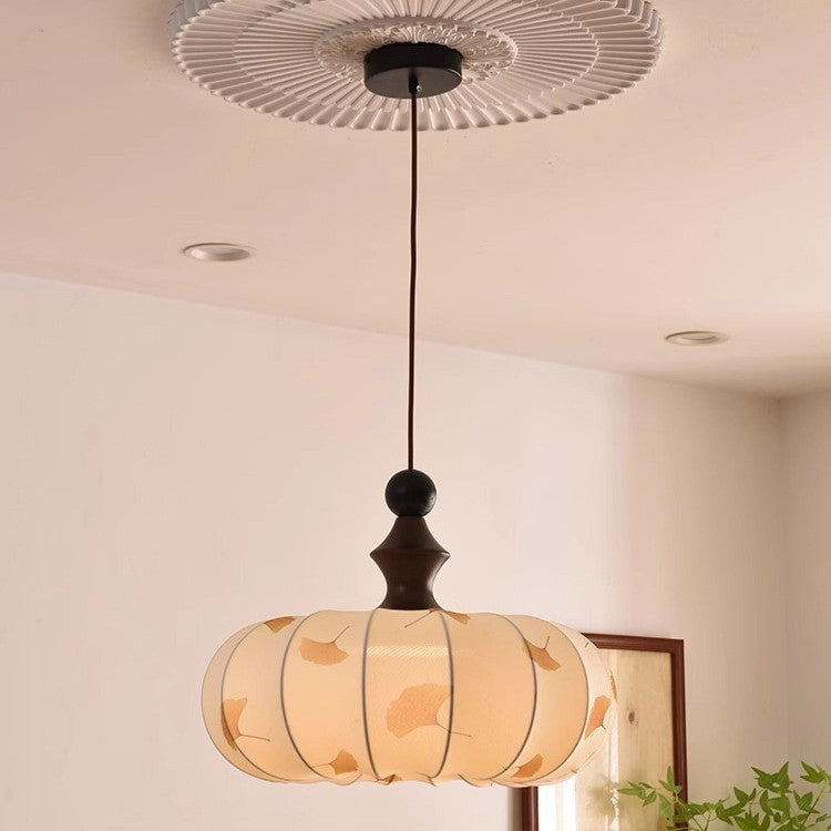 Contemporary Creative Ginkgo Leaf Pumpkin Shape Oval Ash Wood Fabric 3-Light Pendant Light For Dining Room