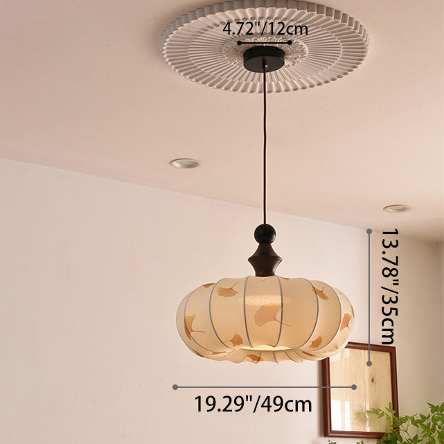 Contemporary Creative Ginkgo Leaf Pumpkin Shape Oval Ash Wood Fabric 3-Light Pendant Light For Dining Room