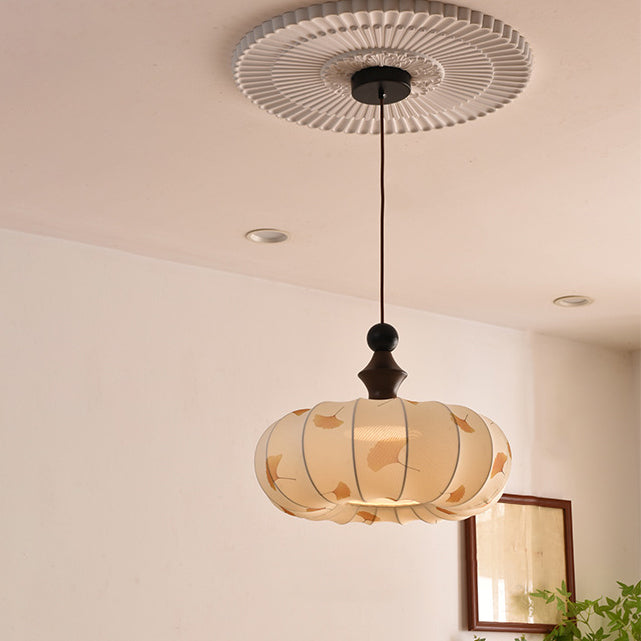 Contemporary Creative Ginkgo Leaf Pumpkin Shape Oval Ash Wood Fabric 3-Light Pendant Light For Dining Room