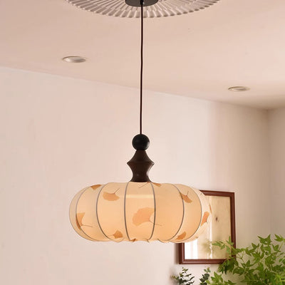 Contemporary Creative Ginkgo Leaf Pumpkin Shape Oval Ash Wood Fabric 3-Light Pendant Light For Dining Room