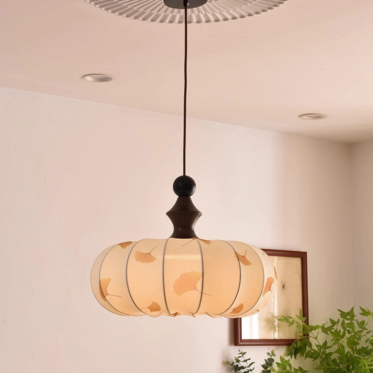 Contemporary Creative Ginkgo Leaf Pumpkin Shape Oval Ash Wood Fabric 3-Light Pendant Light For Dining Room