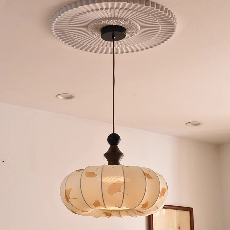 Contemporary Creative Ginkgo Leaf Pumpkin Shape Oval Ash Wood Fabric 3-Light Pendant Light For Dining Room