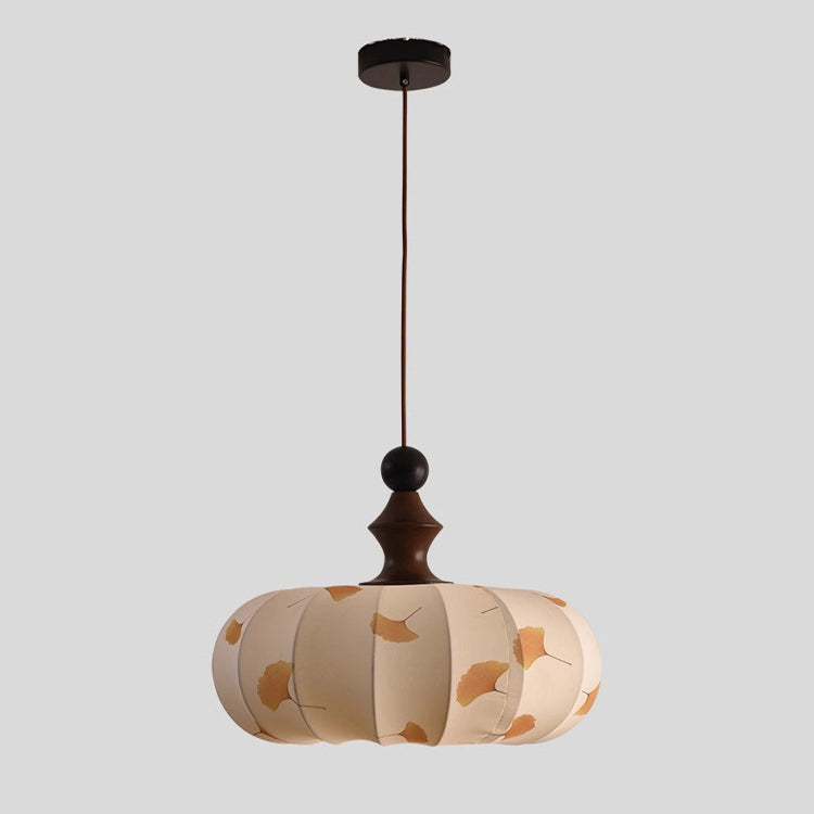 Contemporary Creative Ginkgo Leaf Pumpkin Shape Oval Ash Wood Fabric 3-Light Pendant Light For Dining Room
