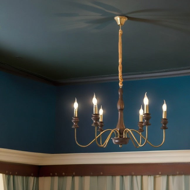 Traditional Vintage Candle Shape Ash Wood Alloy 6/8 Light Chandelier For Living Room