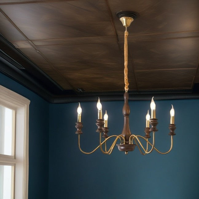 Traditional Vintage Candle Shape Ash Wood Alloy 6/8 Light Chandelier For Living Room