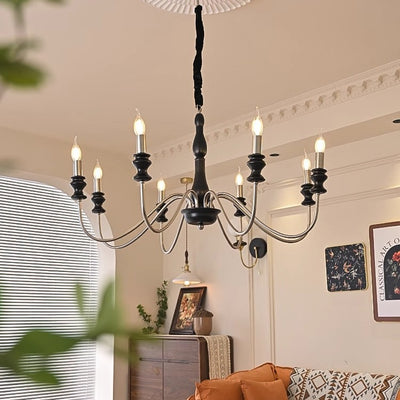 Traditional Vintage Candle Shape Ash Wood Alloy 6/8 Light Chandelier For Living Room