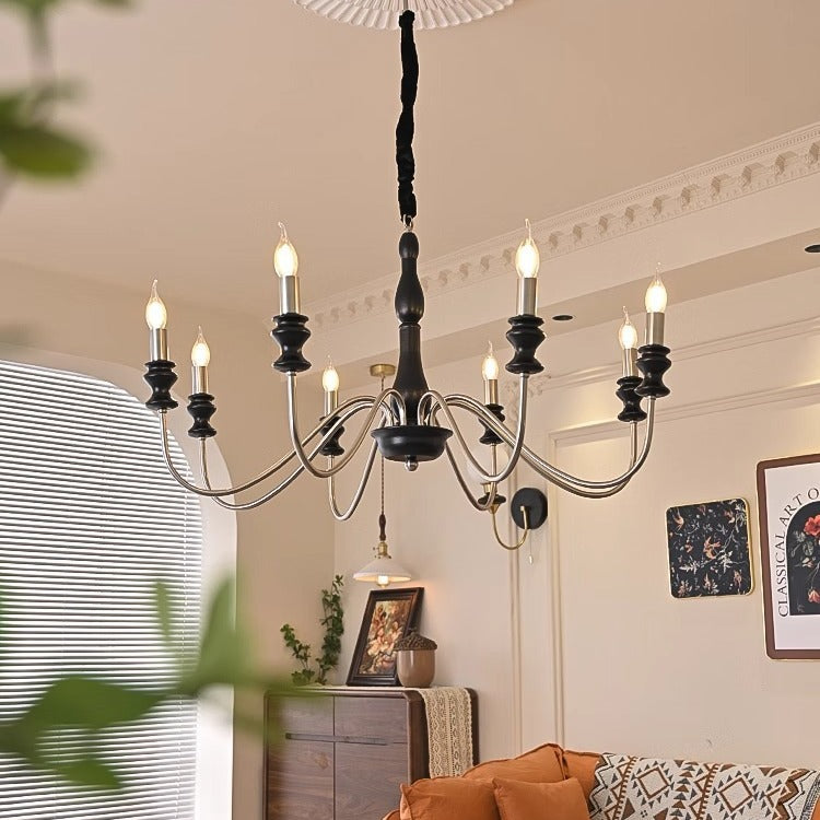 Traditional Vintage Candle Shape Ash Wood Alloy 6/8 Light Chandelier For Living Room