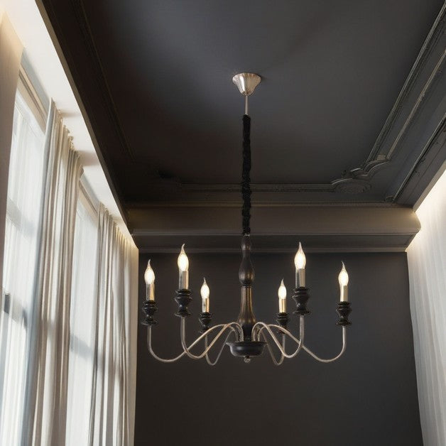Traditional Vintage Candle Shape Ash Wood Alloy 6/8 Light Chandelier For Living Room