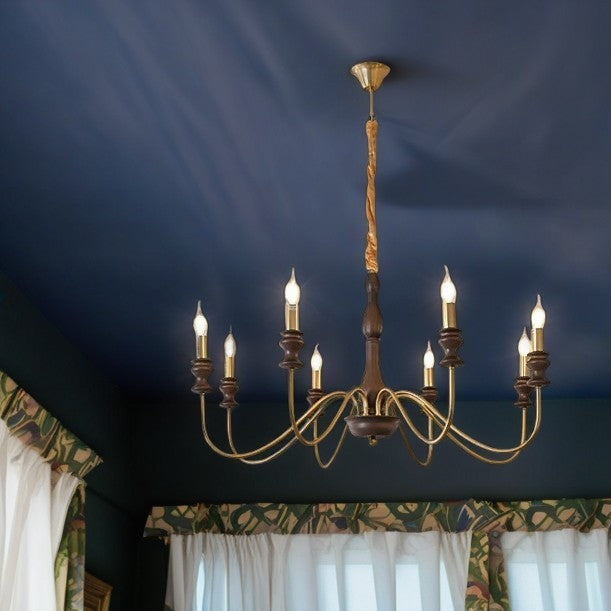 Traditional Vintage Candle Shape Ash Wood Alloy 6/8 Light Chandelier For Living Room