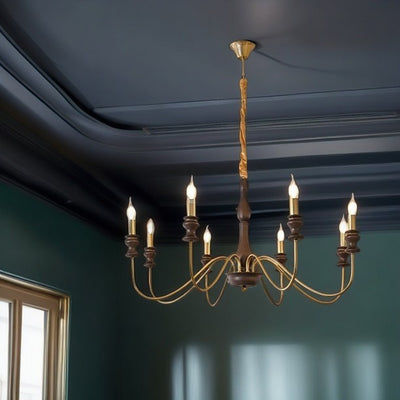 Traditional Vintage Candle Shape Ash Wood Alloy 6/8 Light Chandelier For Living Room