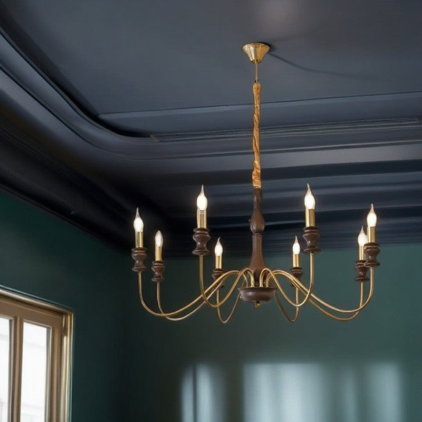 Traditional Vintage Candle Shape Ash Wood Alloy 6/8 Light Chandelier For Living Room