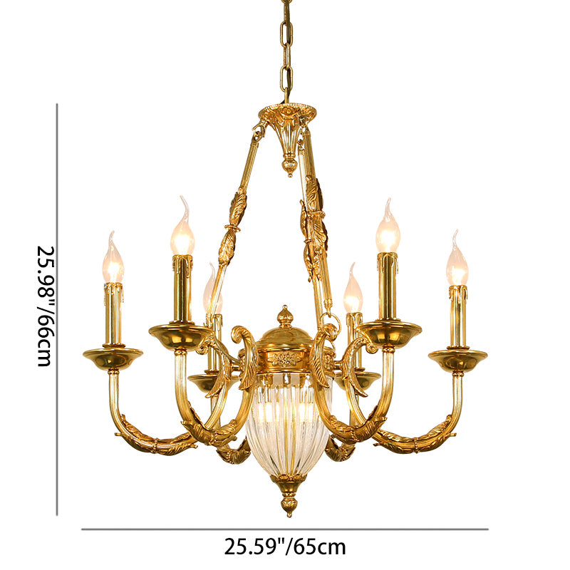 Traditional French Candle Shape Oval Copper Glass 7/9 Light Chandelier For Living Room