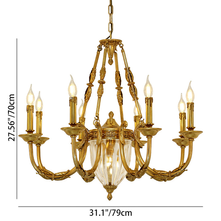 Traditional French Candle Shape Oval Copper Glass 7/9 Light Chandelier For Living Room