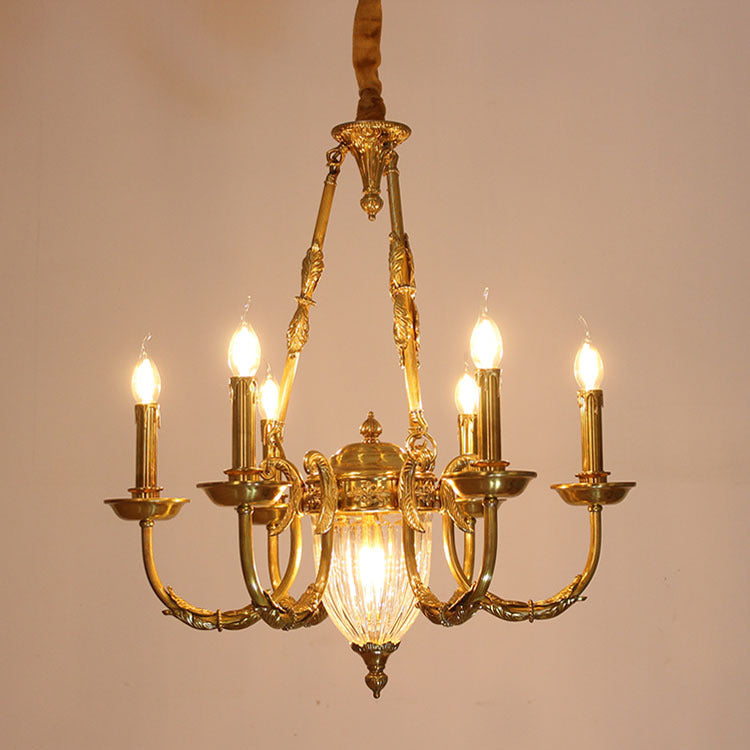 Traditional French Candle Shape Oval Copper Glass 7/9 Light Chandelier For Living Room