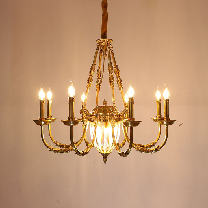 Traditional French Candle Shape Oval Copper Glass 7/9 Light Chandelier For Living Room