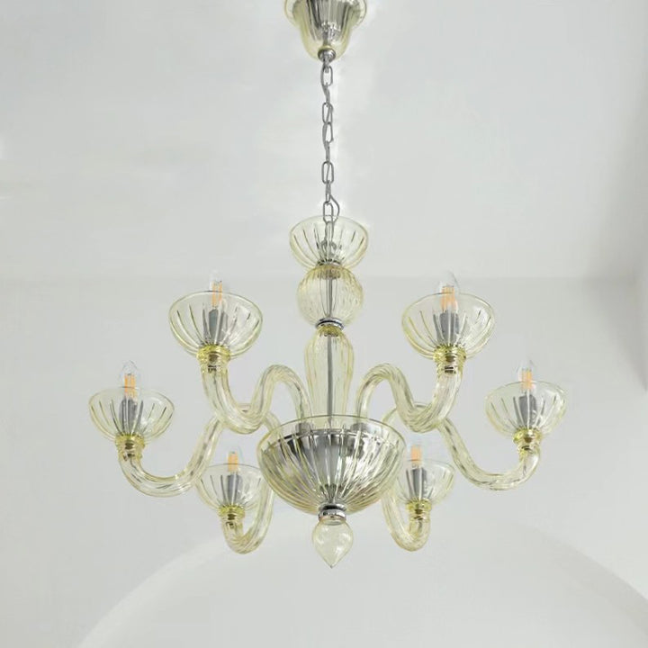 Traditional French Round Curved Iron Glass 6-Light Chandelier For Living Room