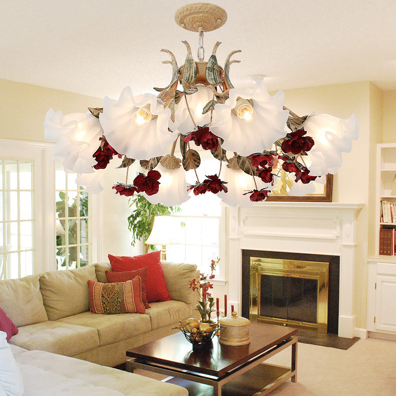 Traditional Rustic Floral Leaf Iron Glass 4/6/9 Light Chandelier For Living Room