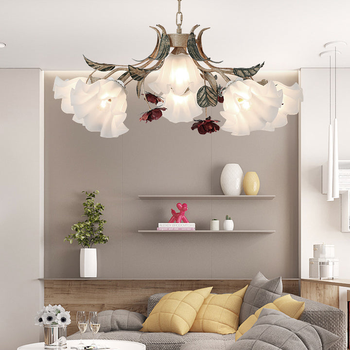 Traditional Rustic Floral Leaf Iron Glass 4/6/9 Light Chandelier For Living Room