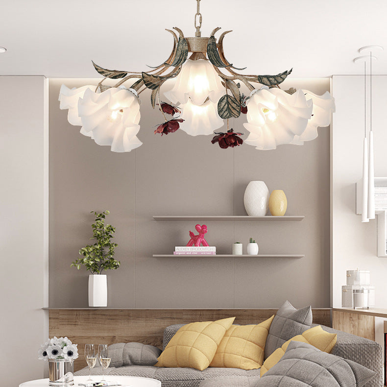 Traditional Rustic Floral Leaf Iron Glass 4/6/9 Light Chandelier For Living Room