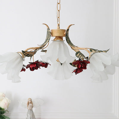 Traditional Rustic Floral Leaf Iron Glass 4/6/9 Light Chandelier For Living Room