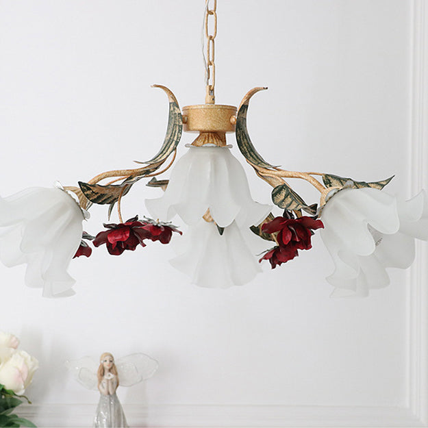 Traditional Rustic Floral Leaf Iron Glass 4/6/9 Light Chandelier For Living Room