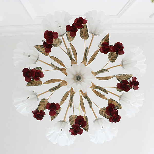 Traditional Rustic Floral Leaf Iron Glass 4/6/9 Light Chandelier For Living Room