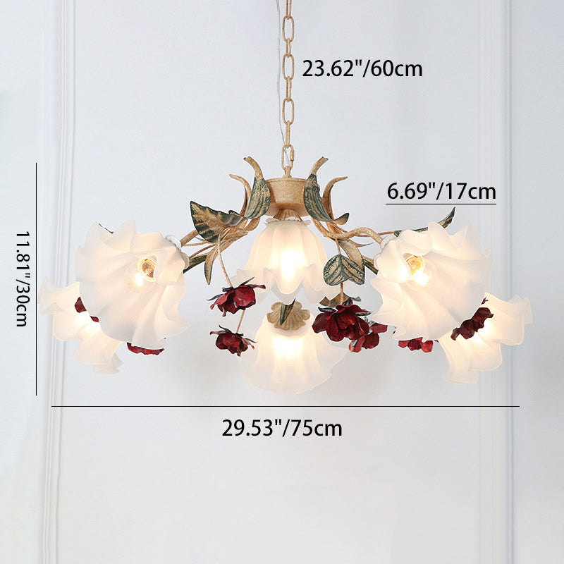 Traditional Rustic Floral Leaf Iron Glass 4/6/9 Light Chandelier For Living Room