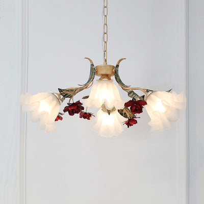 Traditional Rustic Floral Leaf Iron Glass 4/6/9 Light Chandelier For Living Room
