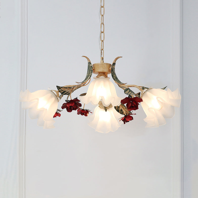Traditional Rustic Floral Leaf Iron Glass 4/6/9 Light Chandelier For Living Room