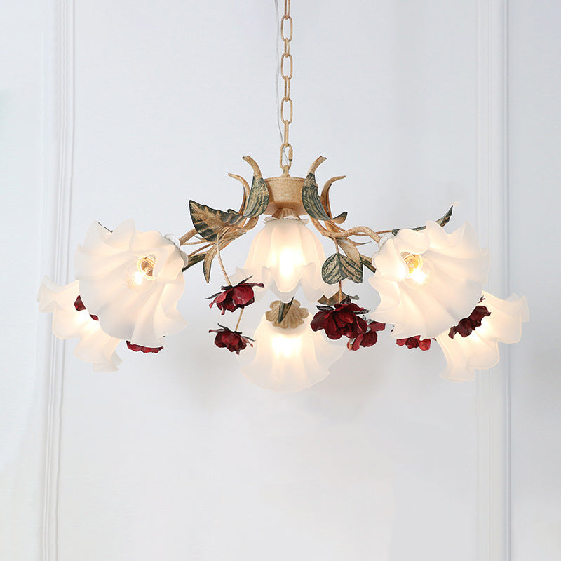 Traditional Rustic Floral Leaf Iron Glass 4/6/9 Light Chandelier For Living Room