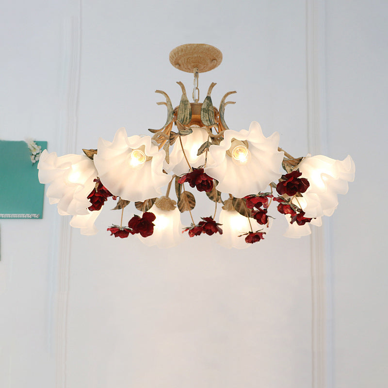 Traditional Rustic Floral Leaf Iron Glass 4/6/9 Light Chandelier For Living Room