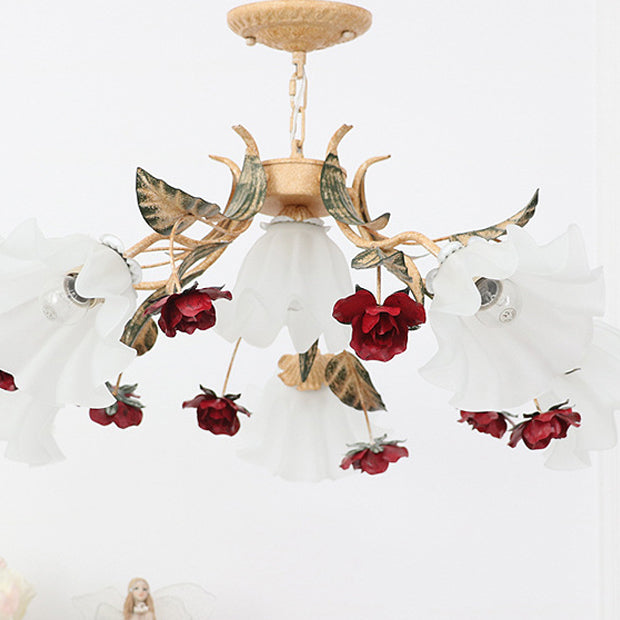 Traditional Rustic Floral Leaf Iron Glass 4/6/9 Light Chandelier For Living Room
