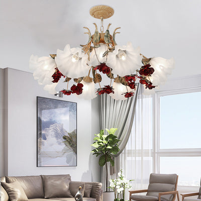 Traditional Rustic Floral Leaf Iron Glass 4/6/9 Light Chandelier For Living Room