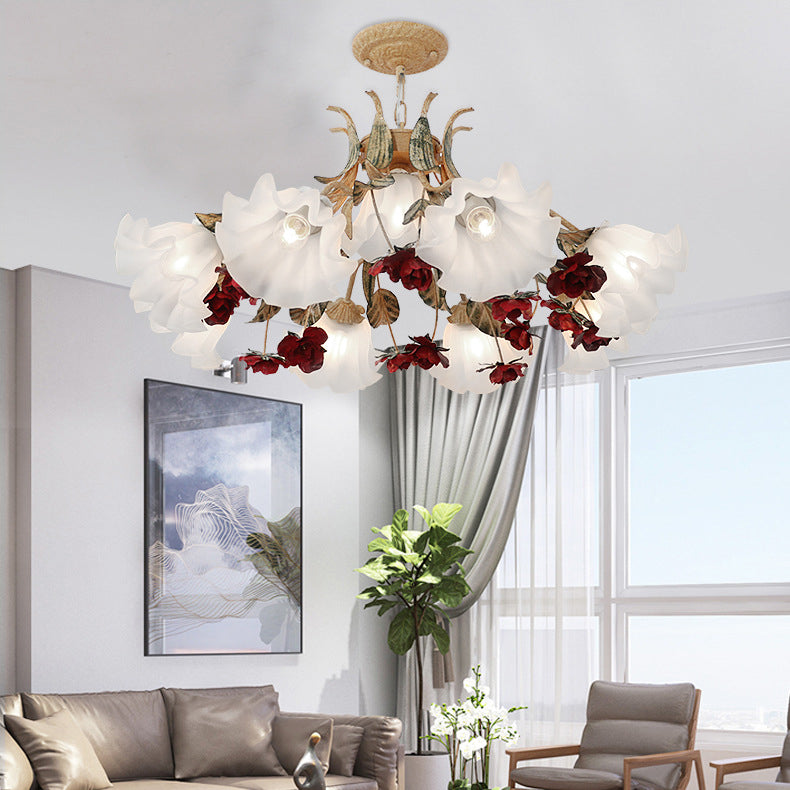 Traditional Rustic Floral Leaf Iron Glass 4/6/9 Light Chandelier For Living Room
