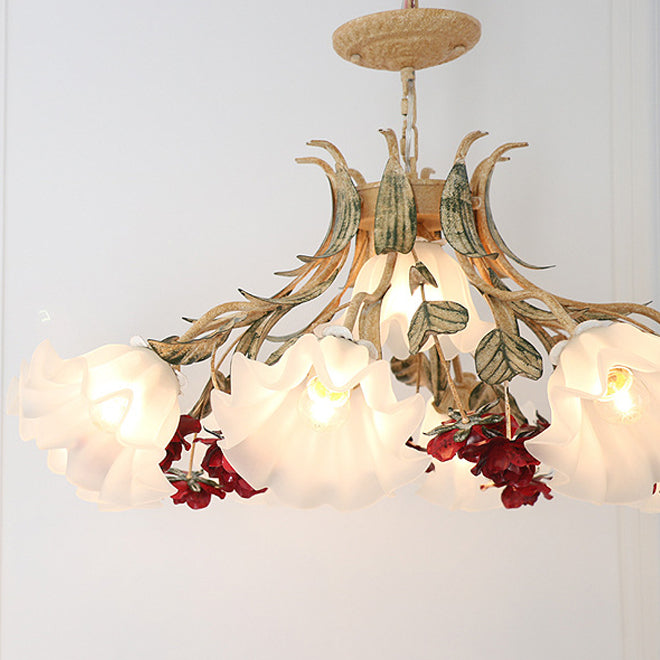 Traditional Rustic Floral Leaf Iron Glass 4/6/9 Light Chandelier For Living Room
