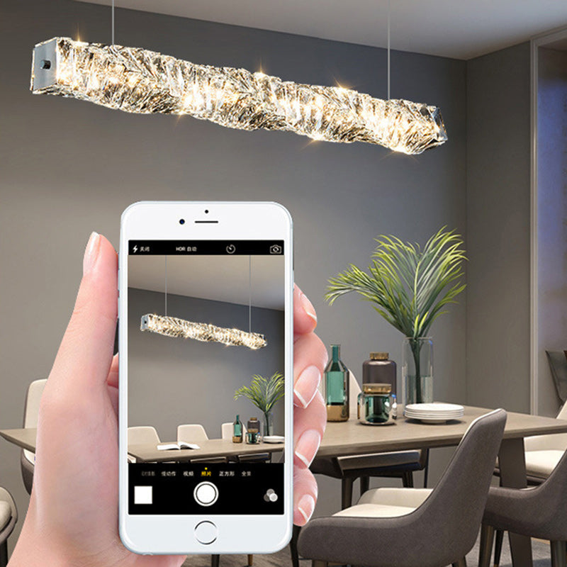 Moderne Luxuriöse Rechteckige Lineare Edelstahl Kristall LED Insel Licht Kronleuchter Für Esszimmer 
