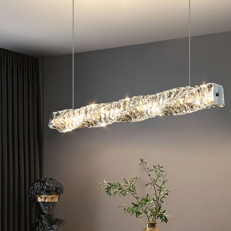 Moderne Luxuriöse Rechteckige Lineare Edelstahl Kristall LED Insel Licht Kronleuchter Für Esszimmer 