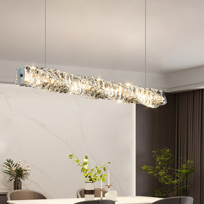 Moderne Luxuriöse Rechteckige Lineare Edelstahl Kristall LED Insel Licht Kronleuchter Für Esszimmer 