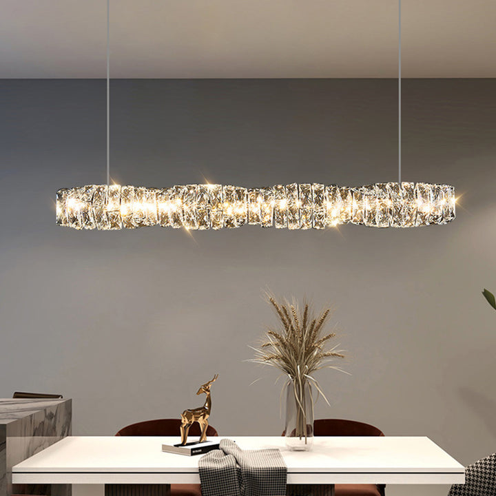 Moderne Luxuriöse Rechteckige Lineare Edelstahl Kristall LED Insel Licht Kronleuchter Für Esszimmer 