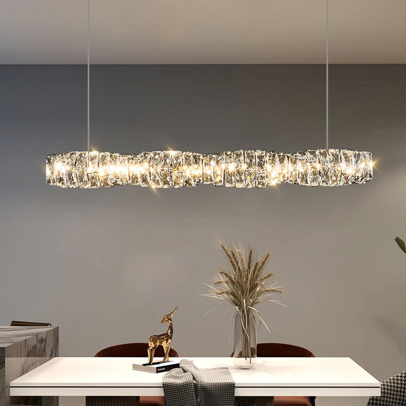 Moderne Luxuriöse Rechteckige Lineare Edelstahl Kristall LED Insel Licht Kronleuchter Für Esszimmer 