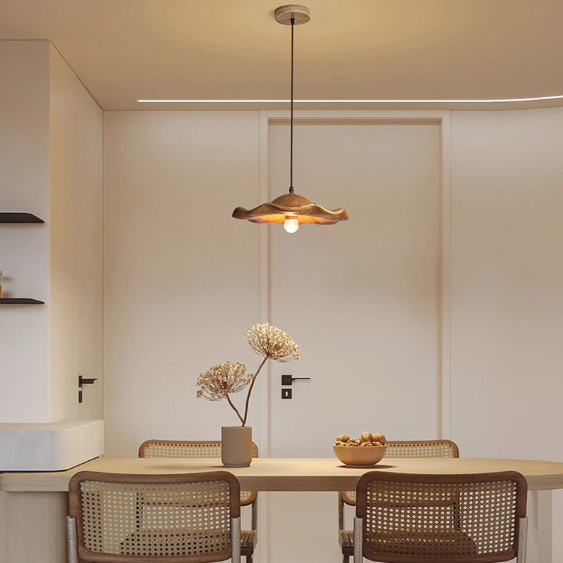 Traditional Japanese Lotus Leaf Round Hardware Resin 1-Light Pendant Light For Dining Room