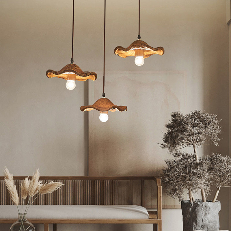 Traditional Japanese Lotus Leaf Round Hardware Resin 1-Light Pendant Light For Dining Room